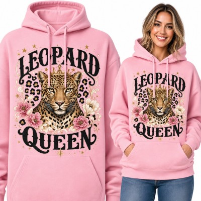 Bluza damska z kapturem „Leopard Queen” - lampart w koronie i kwiaty