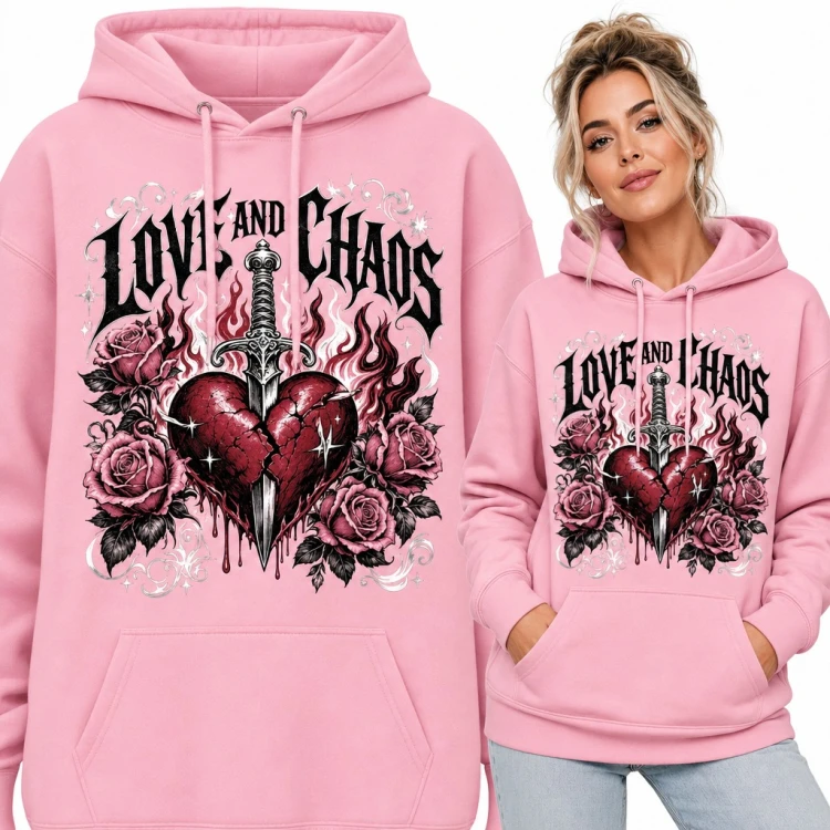 Bluza damska z kapturem - „Love and Chaos” z pękniętym sercem i sztyletem