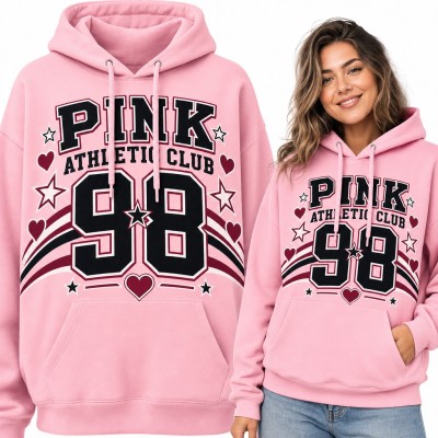 Bluza damska z kapturem „Pink Athletic Club 98” - varsity z sercami i gwiazdkami