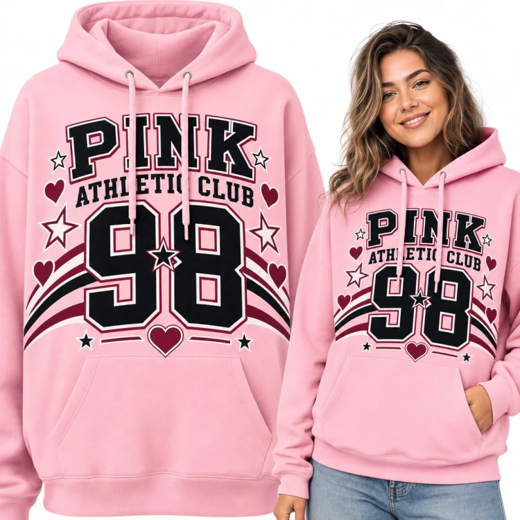 Bluza damska z kapturem „Pink Athletic Club 98” - varsity z sercami i gwiazdkami