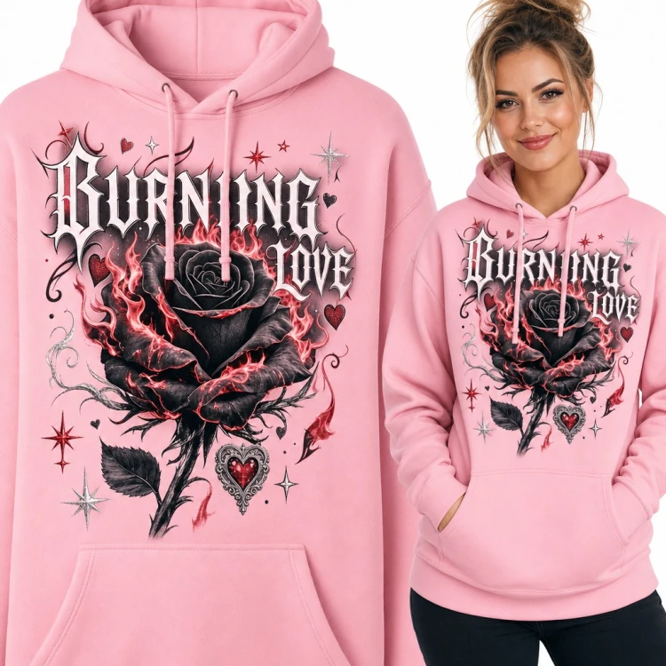 Bluza damska z kapturem - płonąca czarna róża w gotyckim stylu „Burning love”