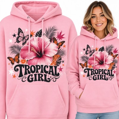Bluza damska z kapturem - „Tropical girl” z hibiskusem i motylami