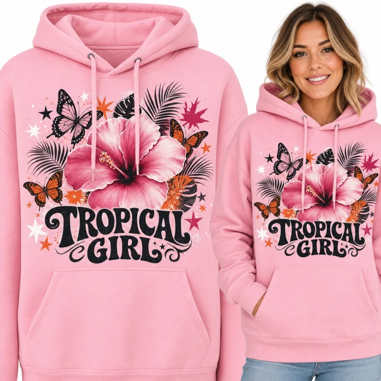 Bluza damska z kapturem - „Tropical girl” z hibiskusem i motylami