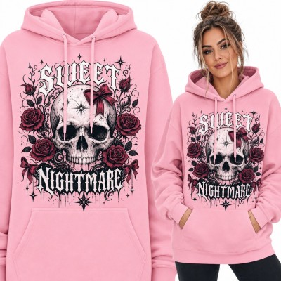 Bluza damska z kapturem - czaszka z kokardą i różami „Sweet Nightmare”