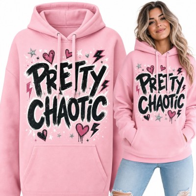 Bluza damska z kapturem - „Pretty chaotic” graffiti z sercami i błyskawicami