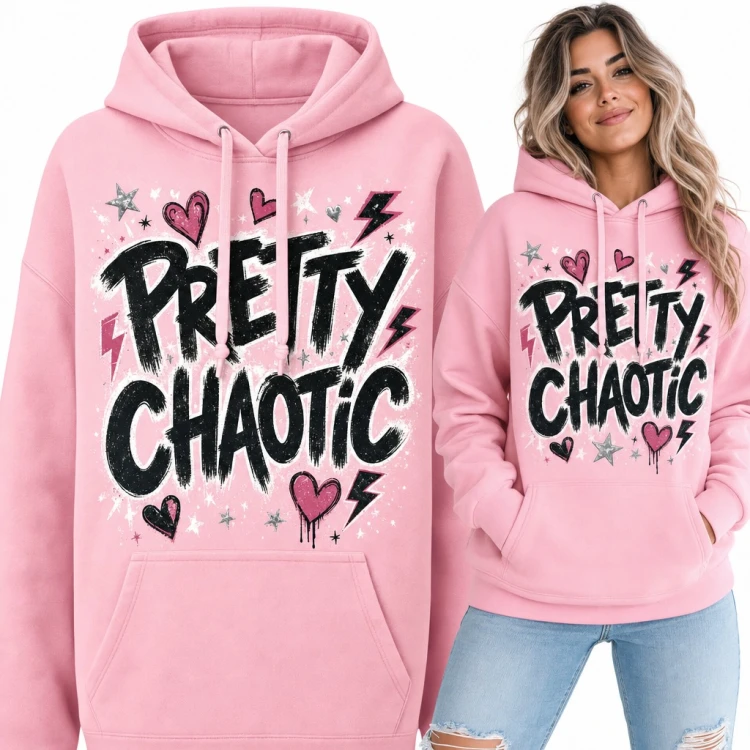 Bluza damska z kapturem - „Pretty chaotic” graffiti z sercami i błyskawicami