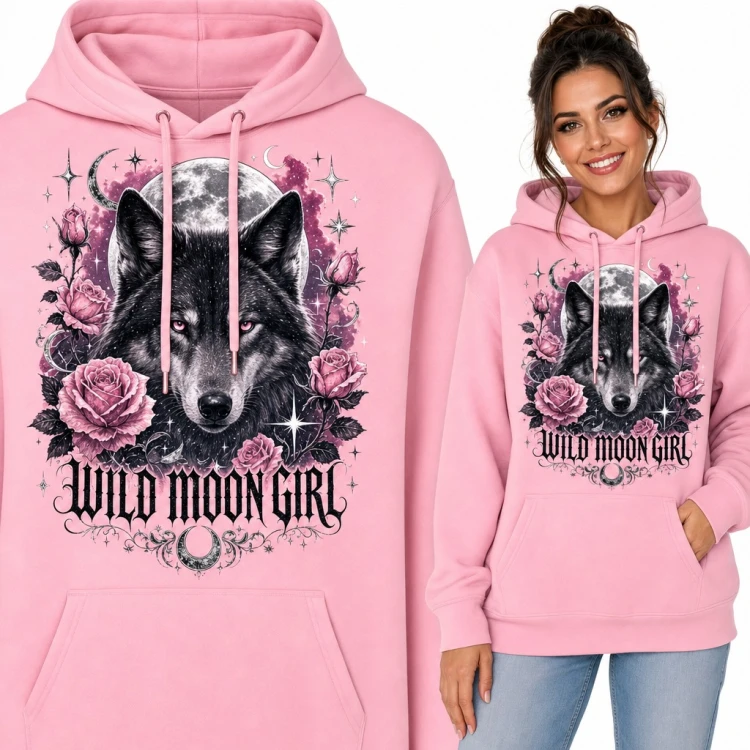 Bluza damska z kapturem „Wild Moon Girl” - wilk na tle pełni z różami
