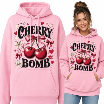 Bluza damska z kapturem - wiśnie z kokardą „Cherry bomb” w stylu coquette