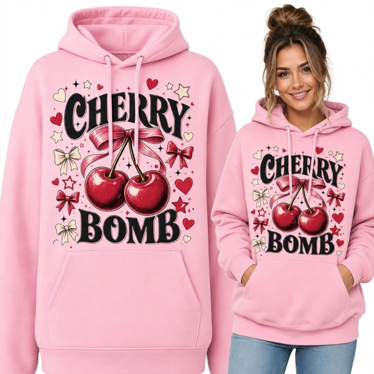 Bluza damska z kapturem - wiśnie z kokardą „Cherry bomb” w stylu coquette