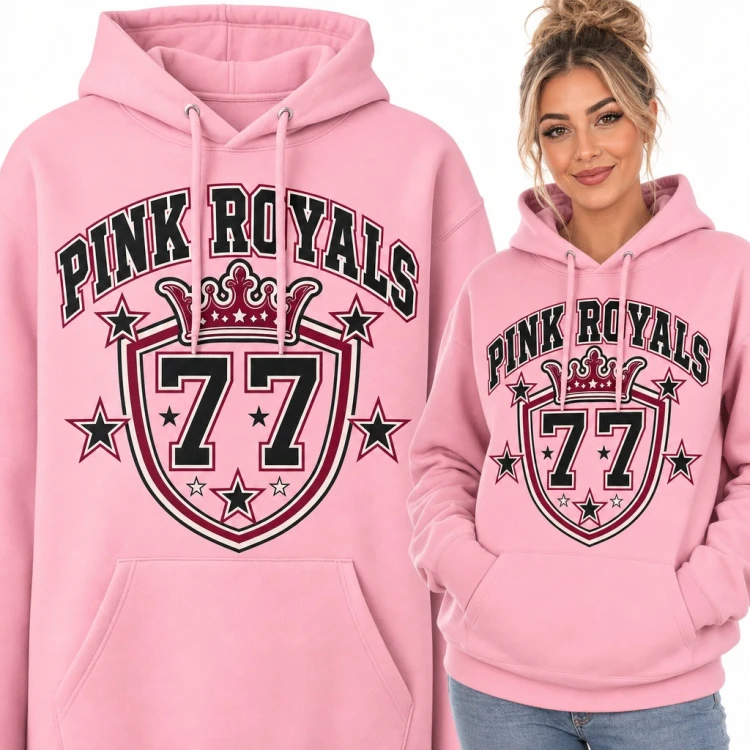 Bluza damska z kapturem „Pink Royals 77” - herb varsity z koroną i gwiazdami