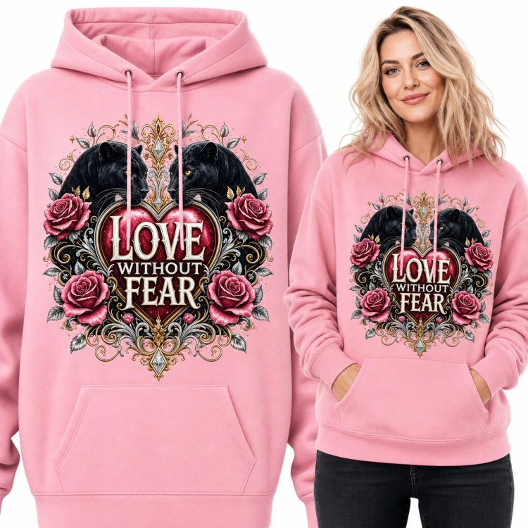 Bluza damska z kapturem - pantery, serce i róże „Love without fear”