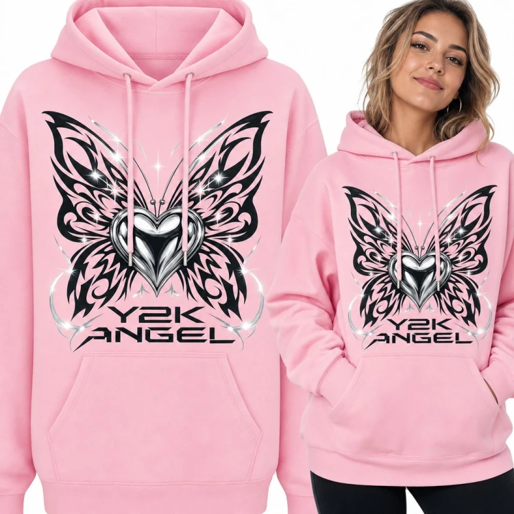 Bluza damska z kapturem „Y2K Angel” - tribalowy motyl z chromowanym sercem