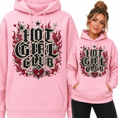Bluza damska z kapturem „Hot Girl Club” - gotycki napis w płomieniach z sercem