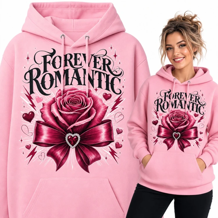 Bluza damska z kapturem - róża z kokardą i sercem „Forever Romantic”
