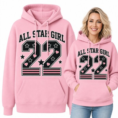 Bluza damska z kapturem „All Star Girl 22” - numer w stylu varsity z gwiazdkami i serduszkami