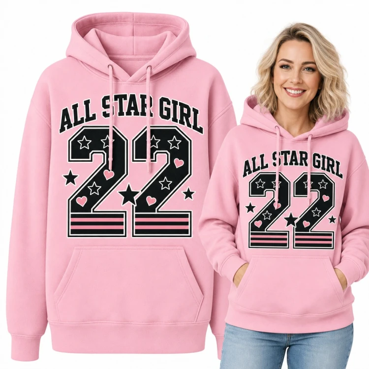 Bluza damska z kapturem „All Star Girl 22” - numer w stylu varsity z gwiazdkami i serduszkami