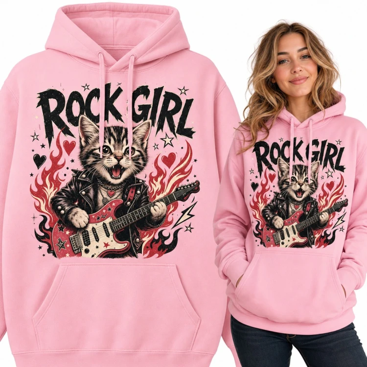 Bluza damska z kapturem „Rock girl” - kot z gitarą elektryczną