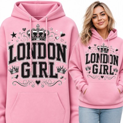 Bluza damska z kapturem „London Girl” - napis college z koronami i sercami