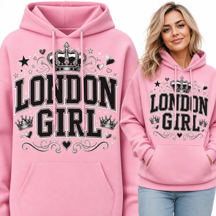 Bluza damska z kapturem „London Girl” - napis college z koronami i sercami