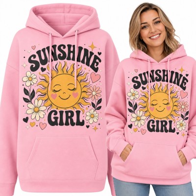 Bluza damska z kapturem „Sunshine girl” - uśmiechnięte słońce retro ze stokrotkami