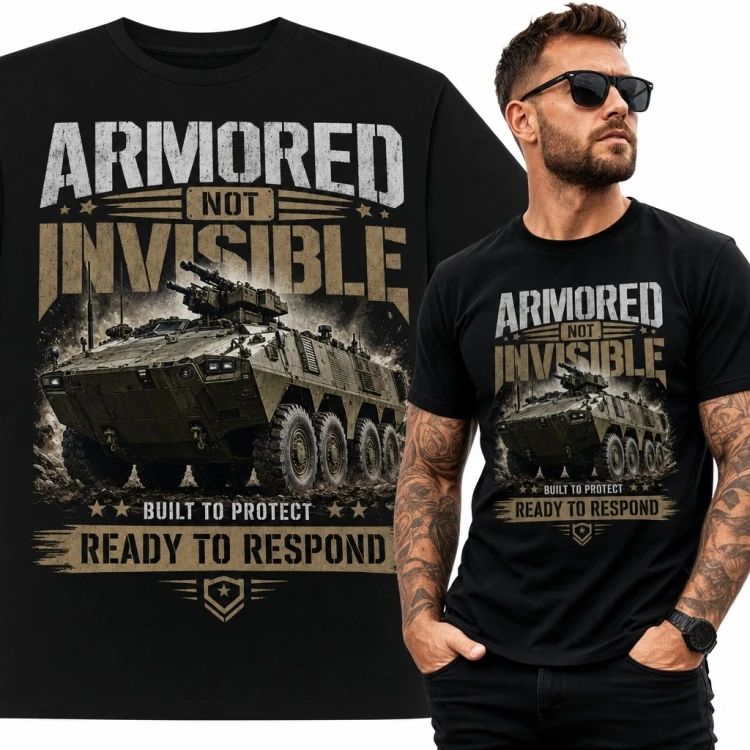 Koszulka męska militarna z transporterem opancerzonym i napisem „Armored not invisible”