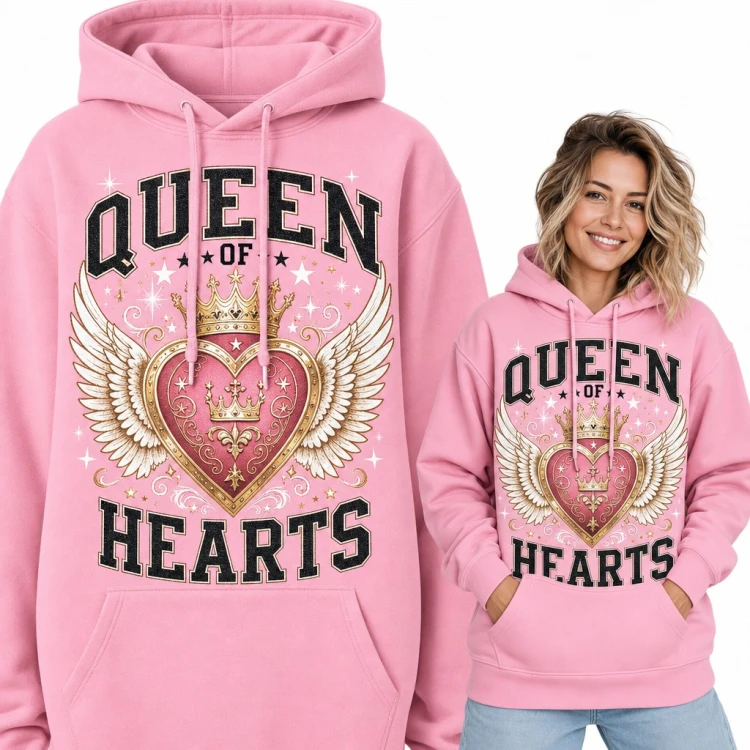 Bluza damska z kapturem „Queen of Hearts” - złota korona i serce ze skrzydłami