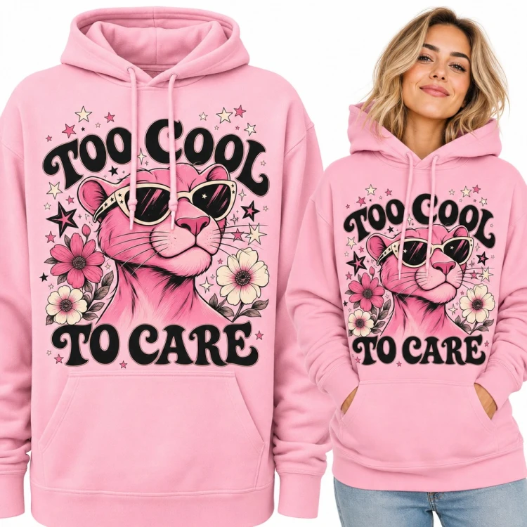 Bluza damska z kapturem - „Too cool to care” różowa pantera w okularach