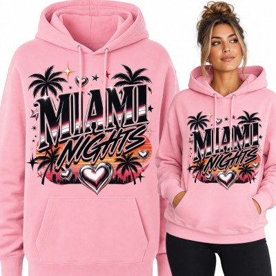 Bluza damska z kapturem „Miami Nights” - palmy, zachód słońca i chromowane serca
