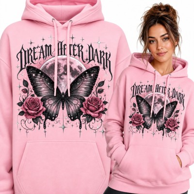 Bluza damska z kapturem - gotycki motyl, pełnia i róże „Dream after dark”