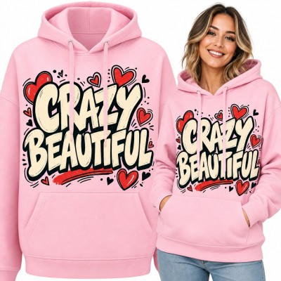 Bluza damska z kapturem „Crazy Beautiful” - graffiti z czerwonymi sercami