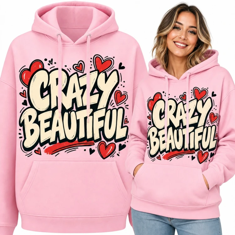 Bluza damska z kapturem „Crazy Beautiful” - graffiti z czerwonymi sercami