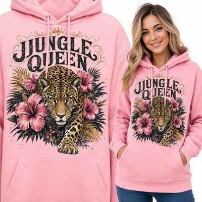 Bluza damska z kapturem „Jungle Queen” - lampart wśród kwiatów hibiskusa