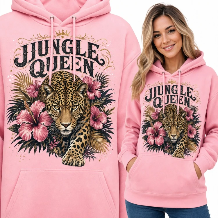 Bluza damska z kapturem „Jungle Queen” - lampart wśród kwiatów hibiskusa