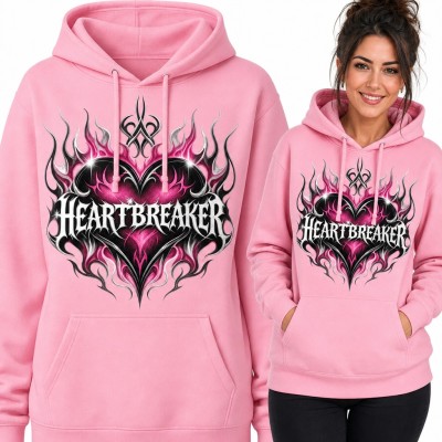 Bluza damska z kapturem - płonące serce tribal i napis „Heartbreaker”