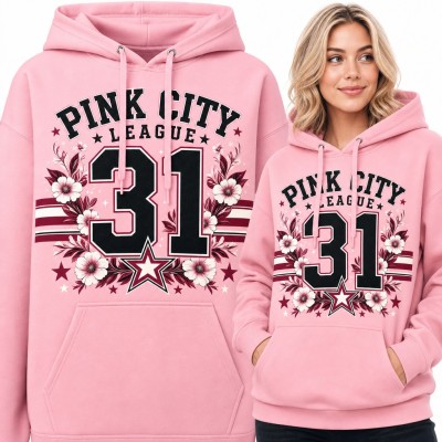 Bluza damska z kapturem „Pink City League 31” - styl college z kwiatami