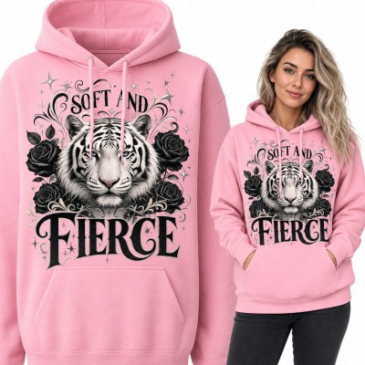 Bluza damska z kapturem „Soft and Fierce” - głowa tygrysa wśród czarnych róż