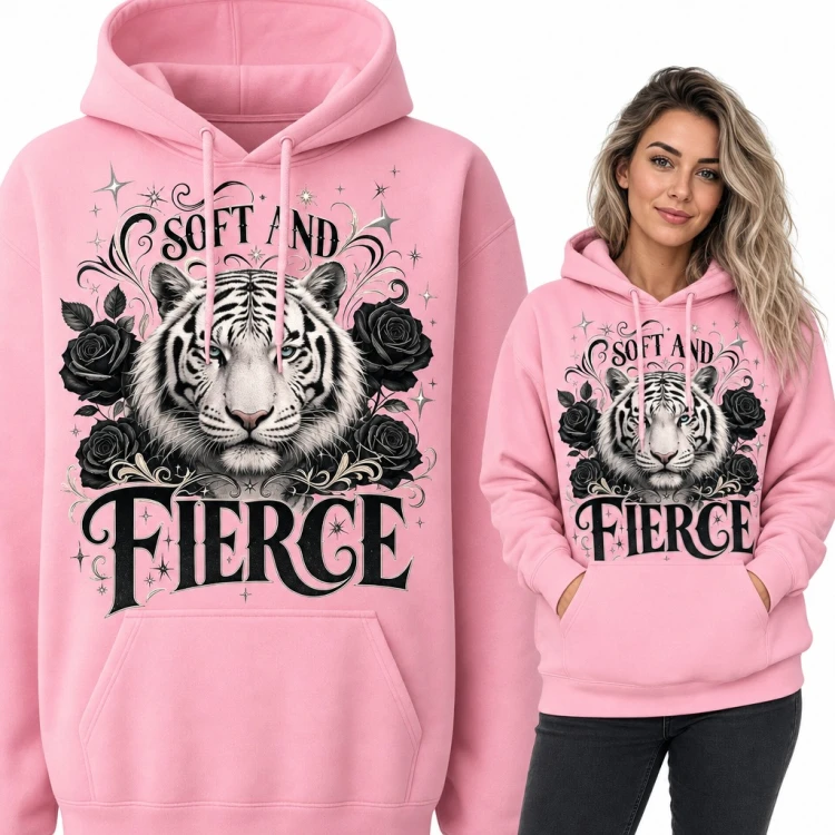 Bluza damska z kapturem „Soft and Fierce” - głowa tygrysa wśród czarnych róż