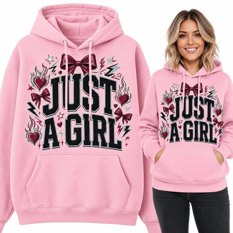 Bluza damska z kapturem „Just a girl” - kokardy i płonące serca