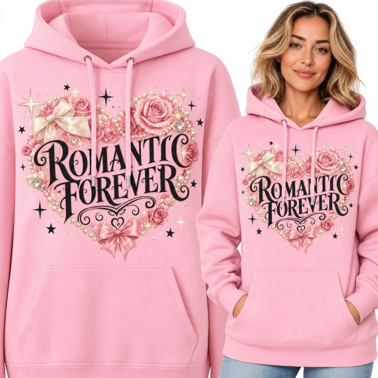 Bluza damska z kapturem - serce z róż i pereł z kokardkami „Romantic Forever”