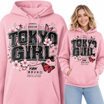 Bluza damska z kapturem „Tokyo Girl” - Y2K z sakurą i motylami