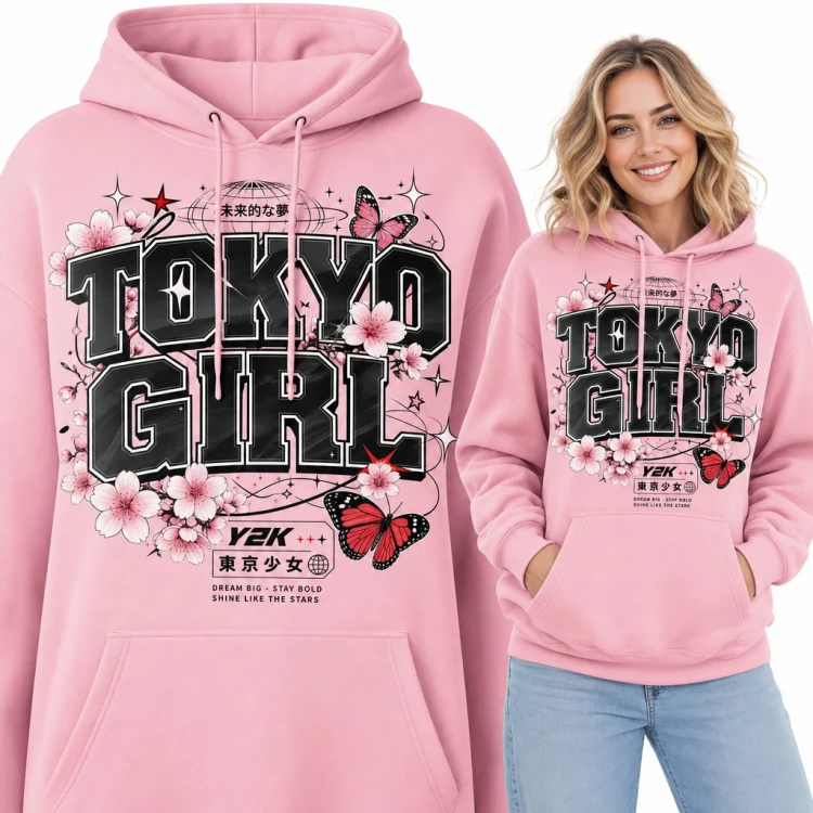 Bluza damska z kapturem „Tokyo Girl” - Y2K z sakurą i motylami