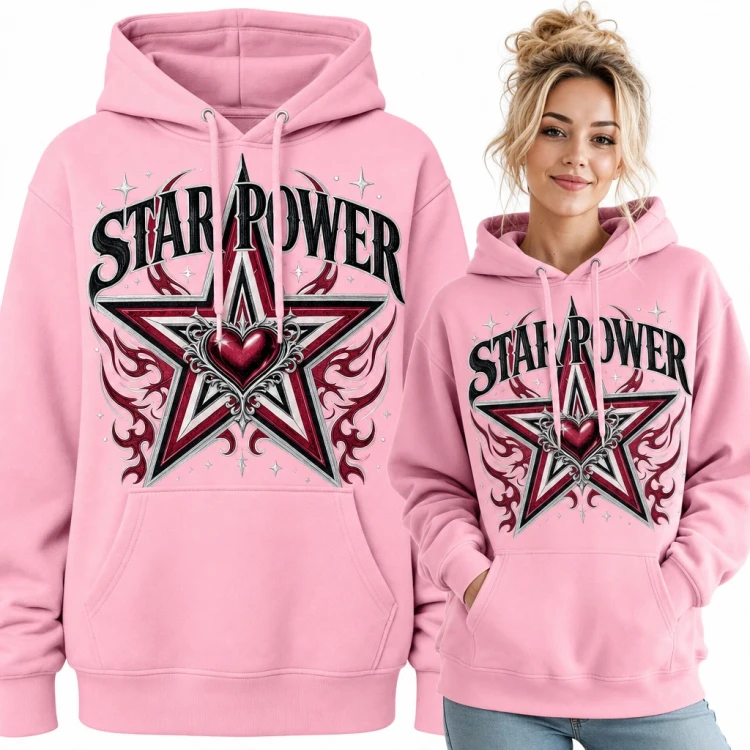 Bluza damska z kapturem - gwiazda z sercem i płomieniami tribal „Star Power” w stylu Y2K
