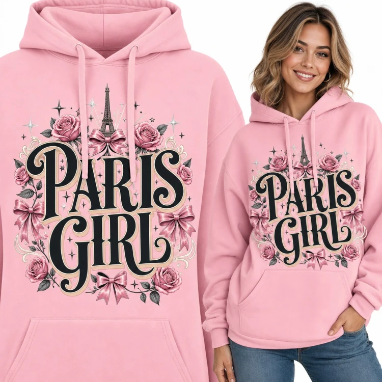 Bluza damska z kapturem „Paris girl” - wieża Eiffla, róże i kokardy