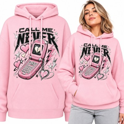 Bluza damska z kapturem - „Call me never” z telefonem z klapką i złamanym sercem w stylu Y2K
