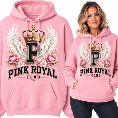 Bluza damska z kapturem - „Pink Royal Club” z koroną, skrzydłami i piwoniami