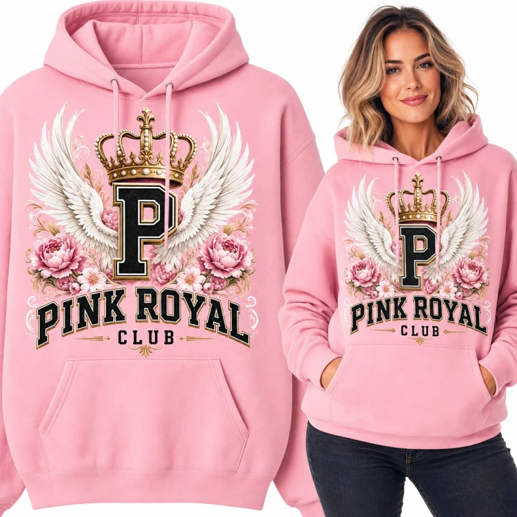 Bluza damska z kapturem - „Pink Royal Club” z koroną, skrzydłami i piwoniami