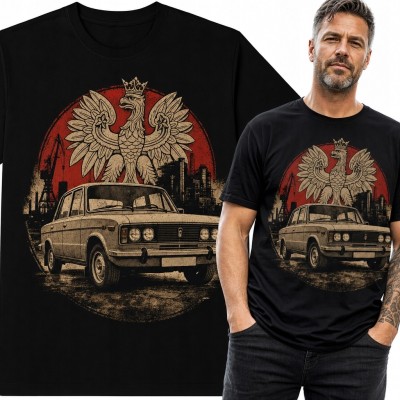 Koszulka męska z orłem w koronie i klasycznym polskim sedanem - patriotyczny motyw retro