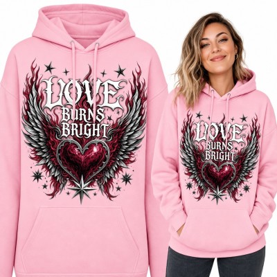 Bluza damska z kapturem - „Love burns bright” płonące serce ze skrzydłami