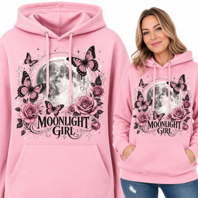 Bluza damska z kapturem - „Moonlight Girl” z pełnią księżyca, motylami i różami