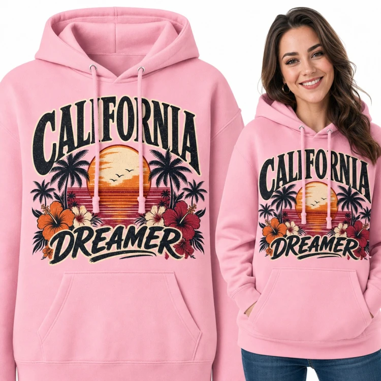 Bluza damska z kapturem „California Dreamer” - zachód słońca, palmy i hibiskusy
